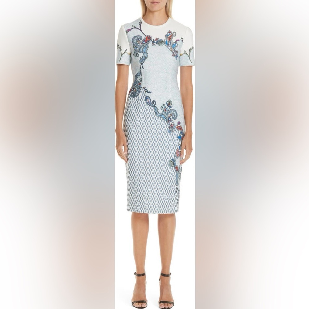 Yigal Azrouël Paisley Print Short Sleeve Jewel Neck Scuba Sheath Dress Size 6